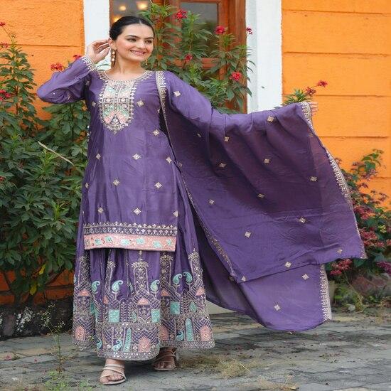 Festive Purple Sharara Dress with Multi-Color Embroidery