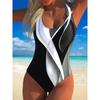 Costume da bagno intero estivo sexy con stampa geometrica, vestibilità aderente e snellente, profondo scollo a U sulla schiena, costume da bagno alla moda che attira l'attenzione per spiaggia, piscina, vacanza