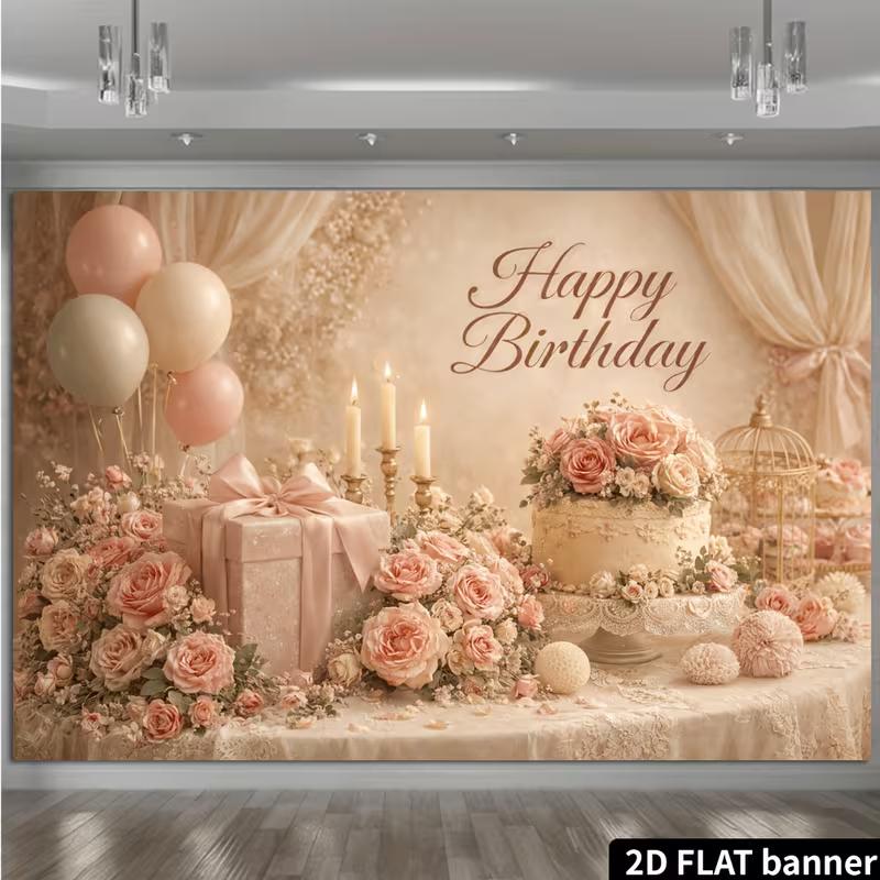 2D Vintage Cream Floral Girls Birthday Cake Smash Photography Backdrop Decor