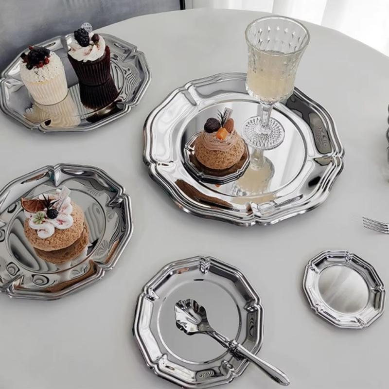 Silver Stainless Steel Cake Tray Round Mirror Surface Dessert Plate for Restaurant Buffet Food Display