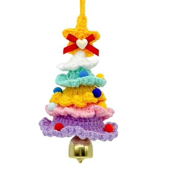 Handmade Knitted Christmas Tree Ornament with Multi-Layered Crochet Design Golden Bells Star Top Pom Pom Decor Holiday Decor
