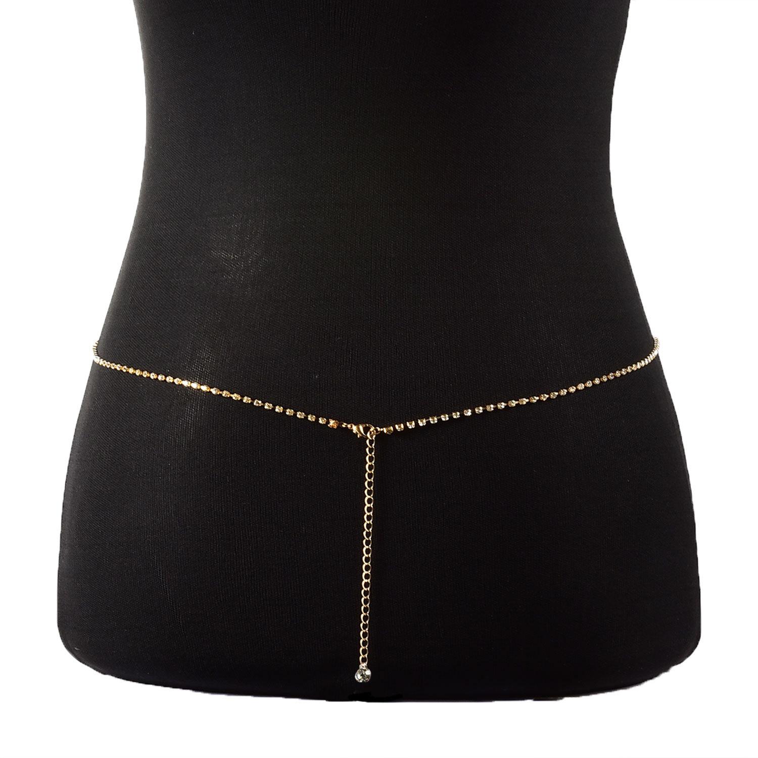 Punk metal diamond chain body chain, Shizui alloy retro rhinestone sexy waist chain золотой