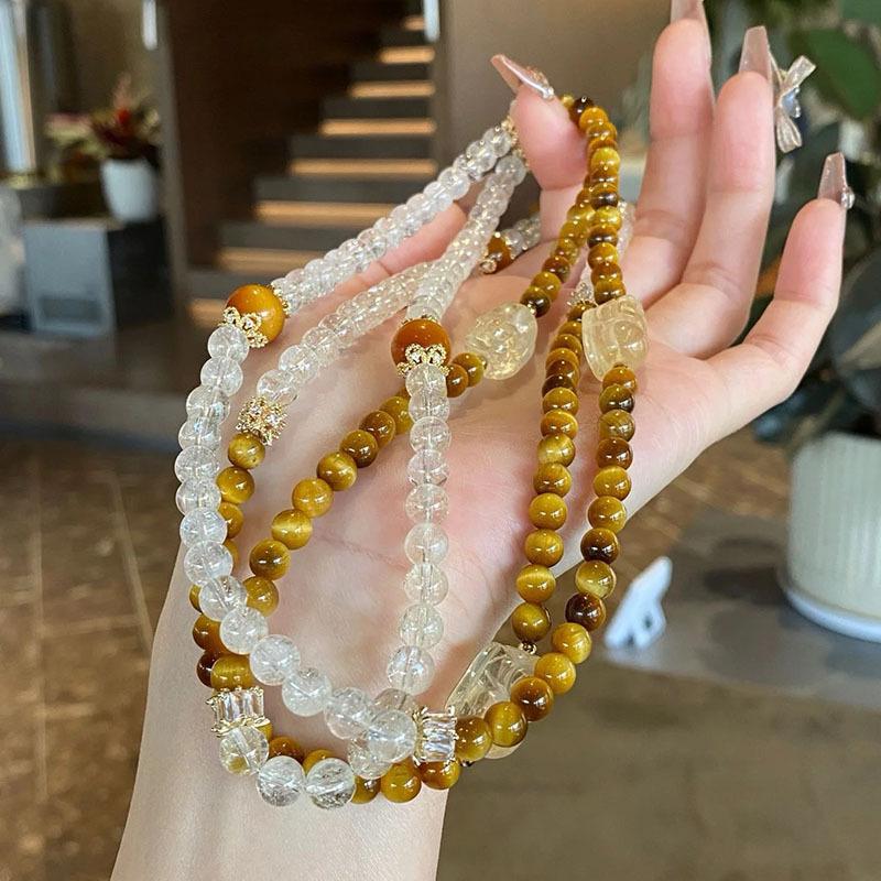 Tiger Eye White Crystal Flower Card Double Ring Bracelet Tiger Eye White Crystal Pixiu Double Ring Bracelet Dopamine