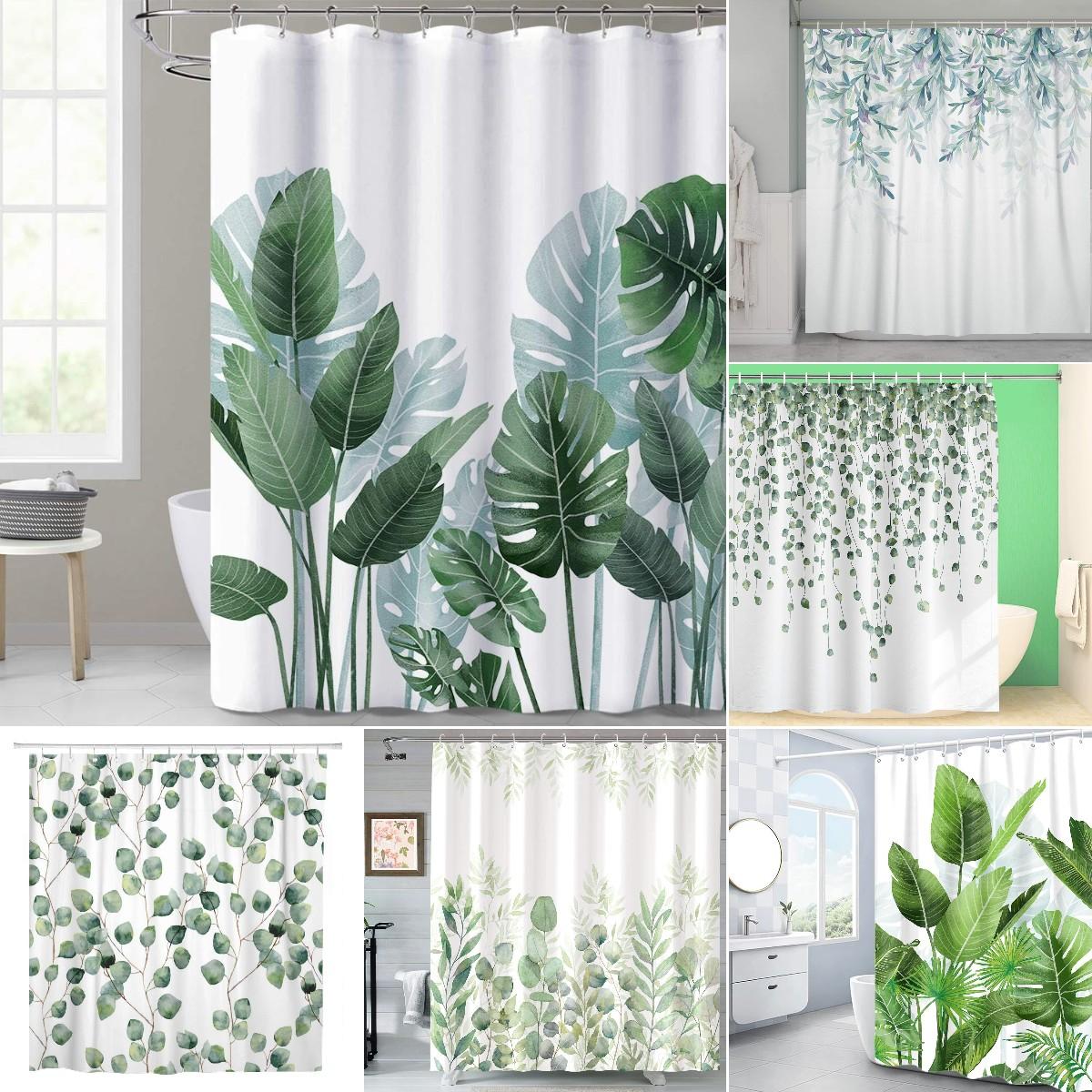 

Tropical Green Leaves Plant on White Background Odorless Shower Curtains for Bathroom Showers and Bathtubs Decor with