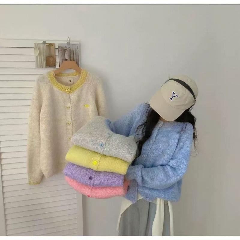 Egg Korean version of premium soft waxy camel wool color splicing knitted cardigan women's outer with round neck long-sleeved cardigan sweater