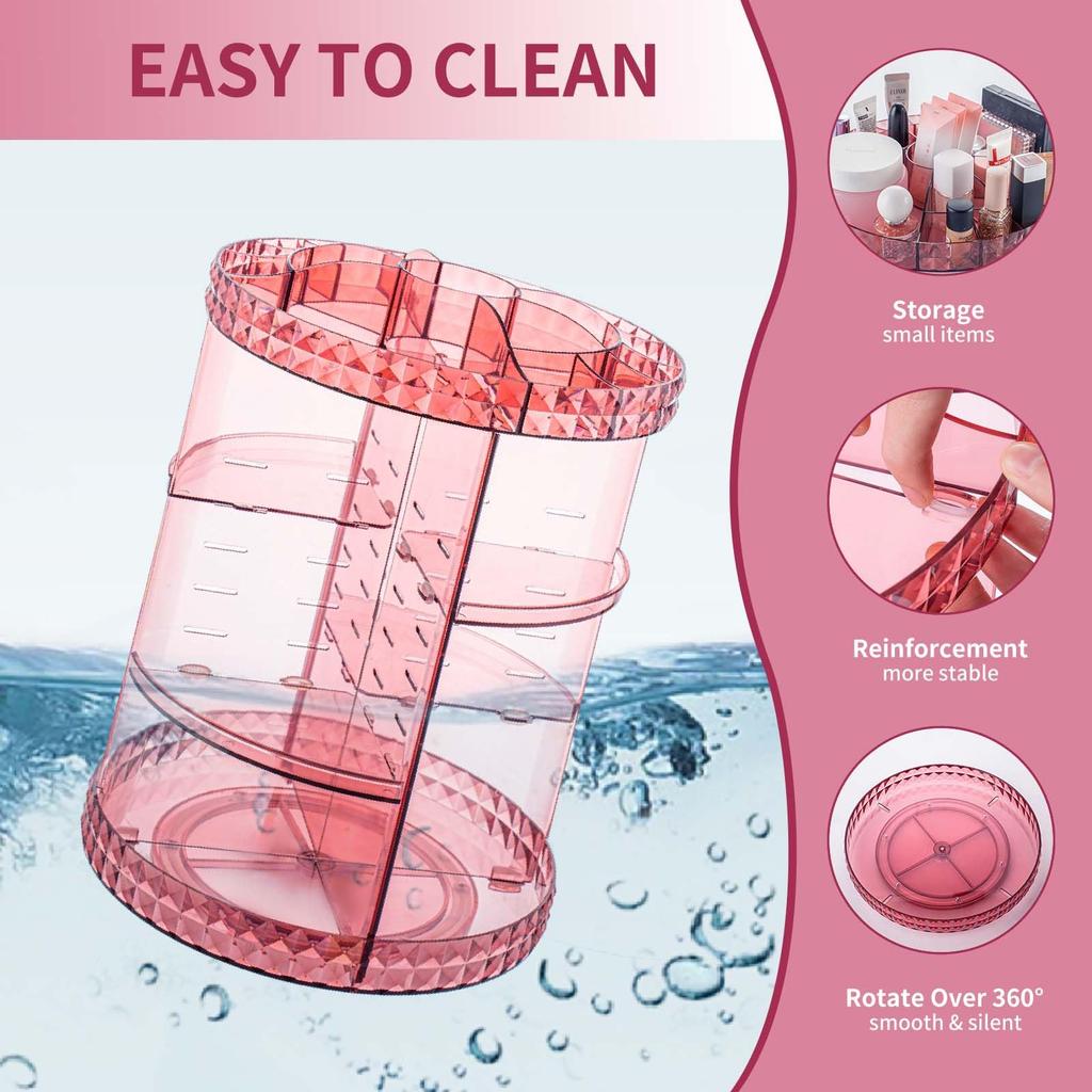 Large Capacity Acrylic Makeup Box with Rotating and Diamond Perfect for Cosmetics and A Gift for Women Pink Diamond Pattern Dividers, 360° Design,