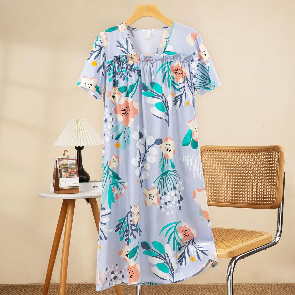 Plus Size Cotton-Silk Cartoon Floral Pajama Dress: Lightweight, Loose-Fit, Summer Homewear