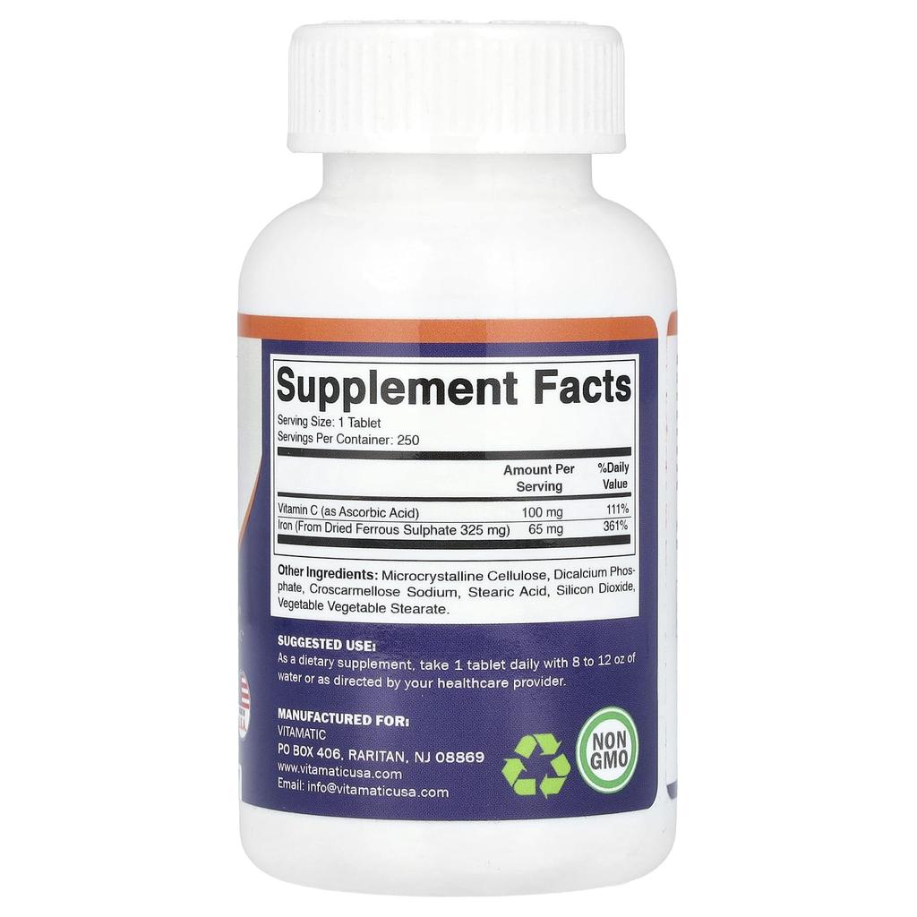 Vitamatic Ferrous Sulfate + Vitamin C, 250 Coated Tablets
