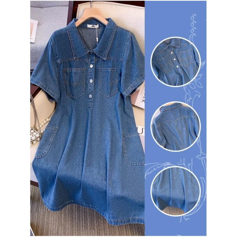 Damen Sommer Retro Plus Size Jeanskleid Literarische süße lange Kleider