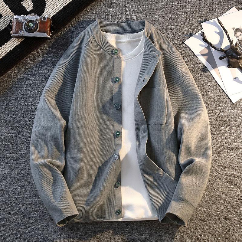 Knitted Cardigan Jacket Men's Autumn and Winter Retro  Loose Solid Color Button Long Sleeve Top