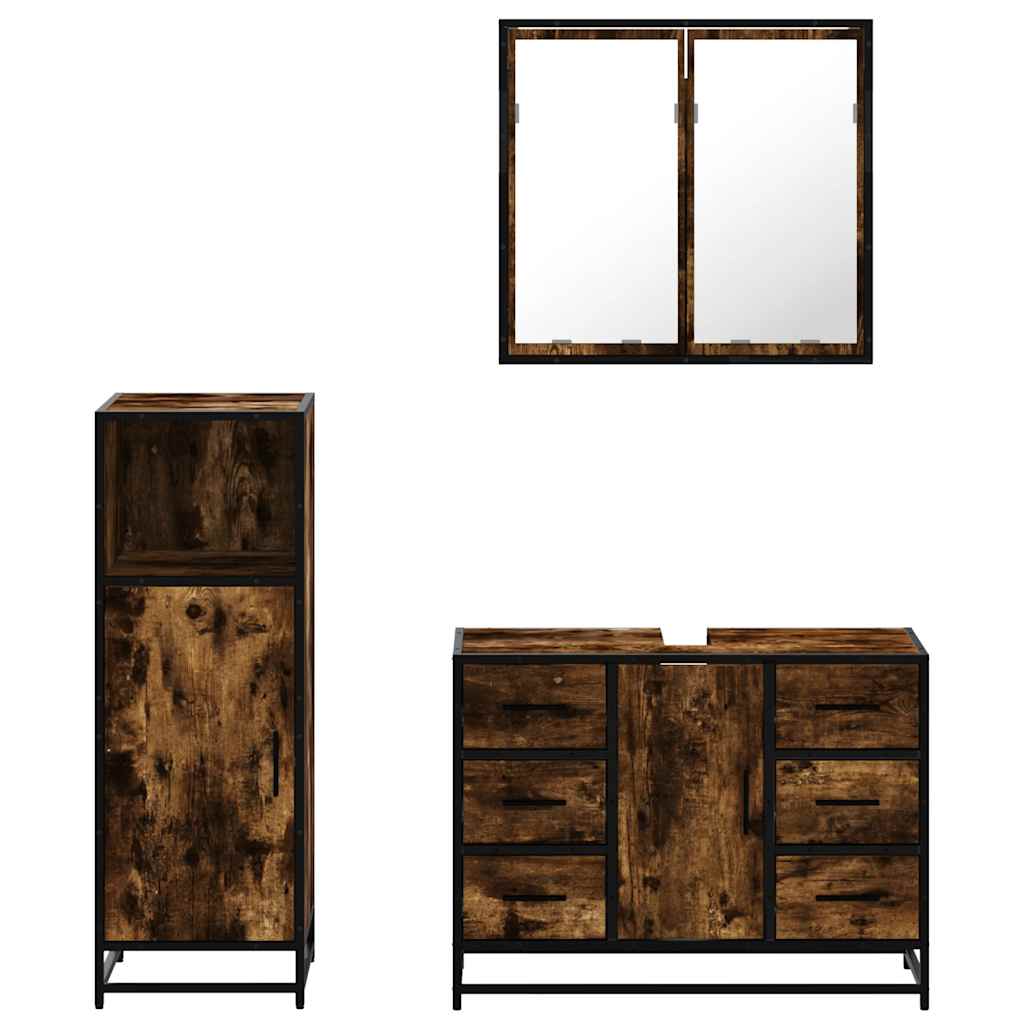 3 Piece Bathroom Furniture Set Smoked Oak Wood Based Material