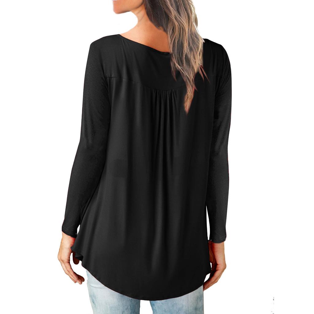 Women's Casual Loose Solid Color Long-sleeved Loose  Button Pleated Top