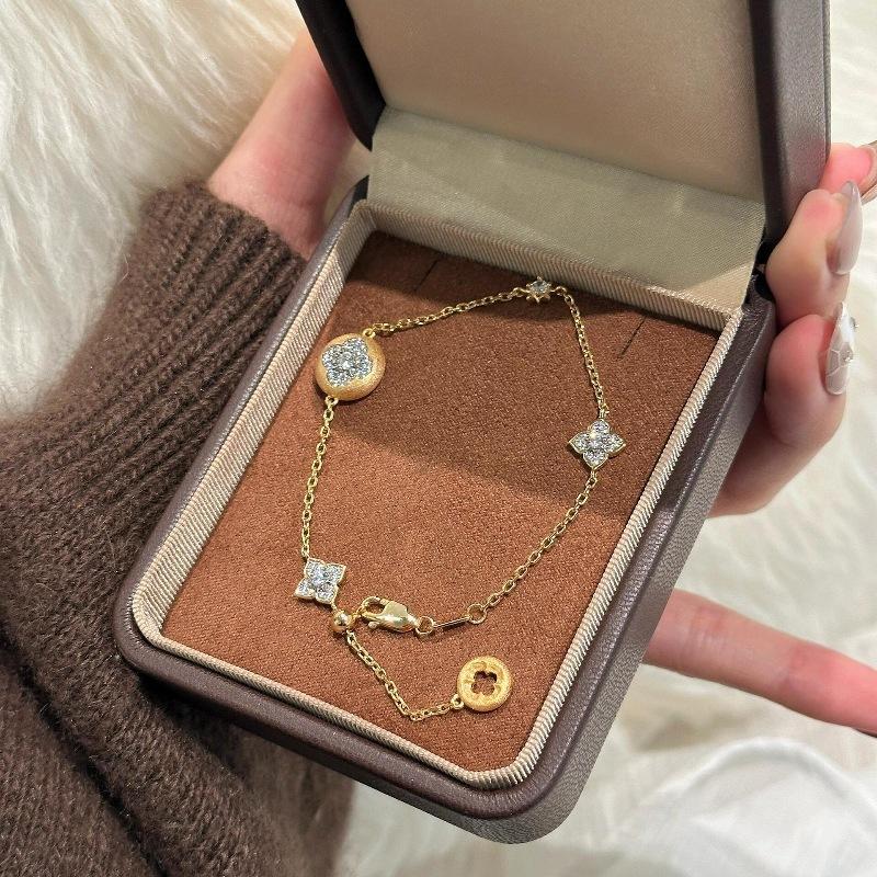 New Chinese Brushed Craft Persimmon Ruyi Full Diamond Lucky Brushed Four-Leaf Clover Earrings Bracelet Light Luxury Versatile Earrings