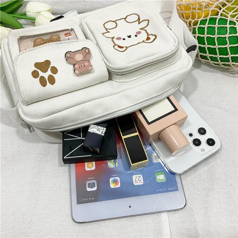 Fashion Canvas Small Bag Japanese Ins Women Shoulder Bag Cute Funny Personality Embroidery Bear Teenager Girl Student Transparent Messenger Bag