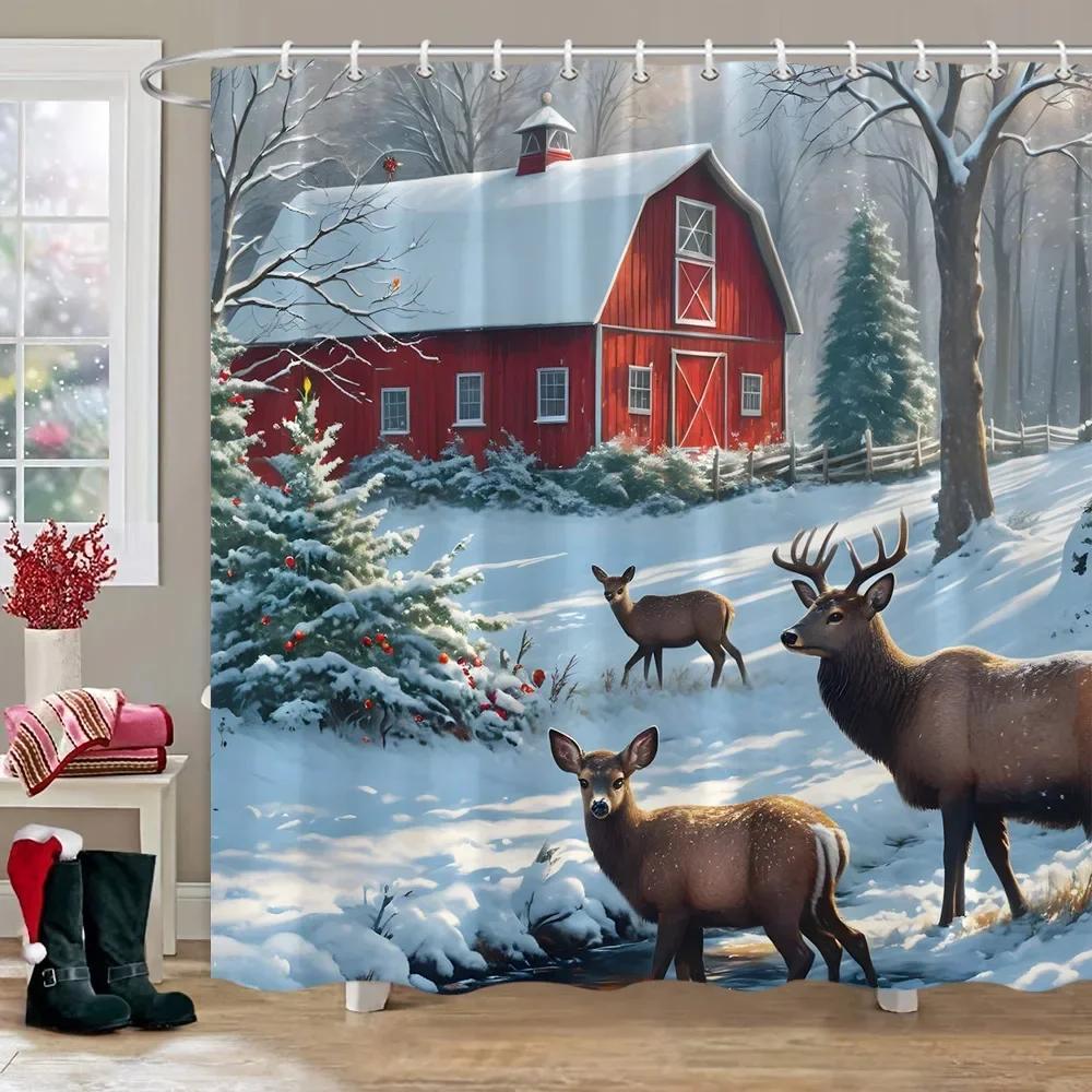 Winter Snow Forest Deer Shower Curtain Christmas Nature Landscape Christmas Gift Polyester Fabric Shower Curtains Bathroom Dec