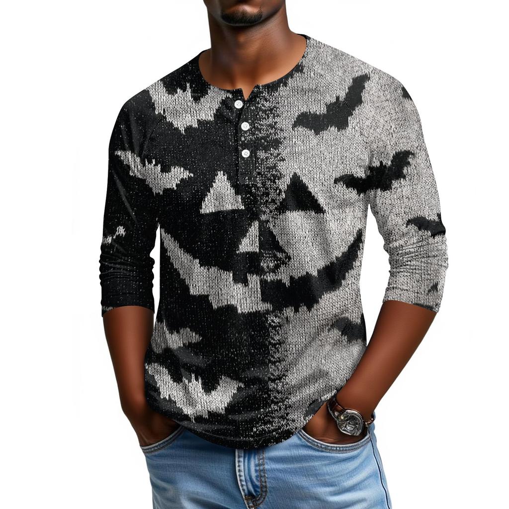 Men Casual Halloween Print Henley Shirt Raglan Sleeve Three Quarter Length Button Front Top for Fall Seasonal Wear