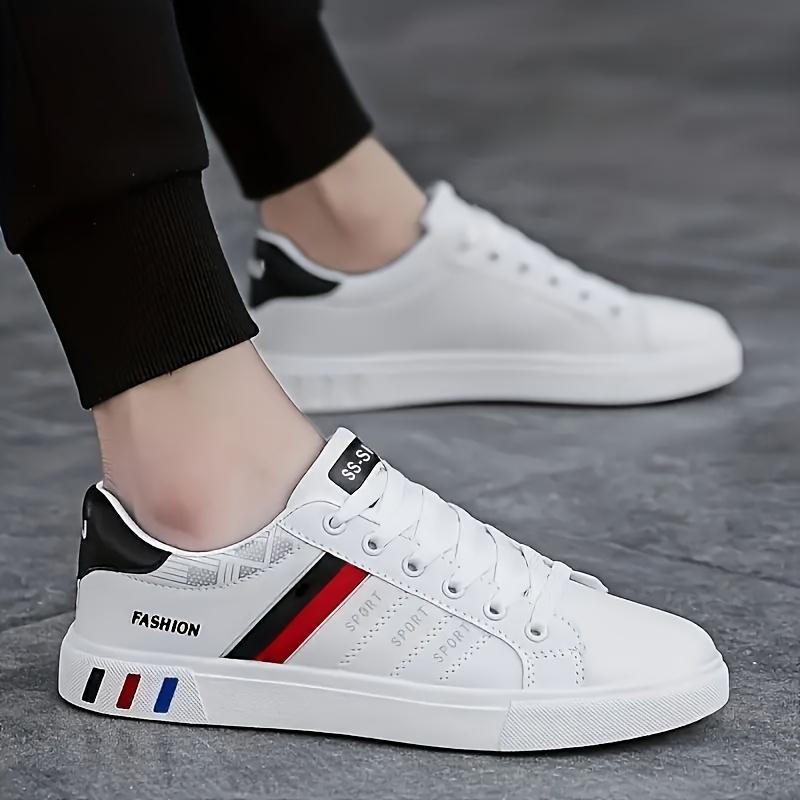 Men's Lace-Up Sneakers - White with Blue & Red Stripe Design, Breathable PU Upper, Durable PVC Sole, Comfortable Casual Shoes for Casual Attire