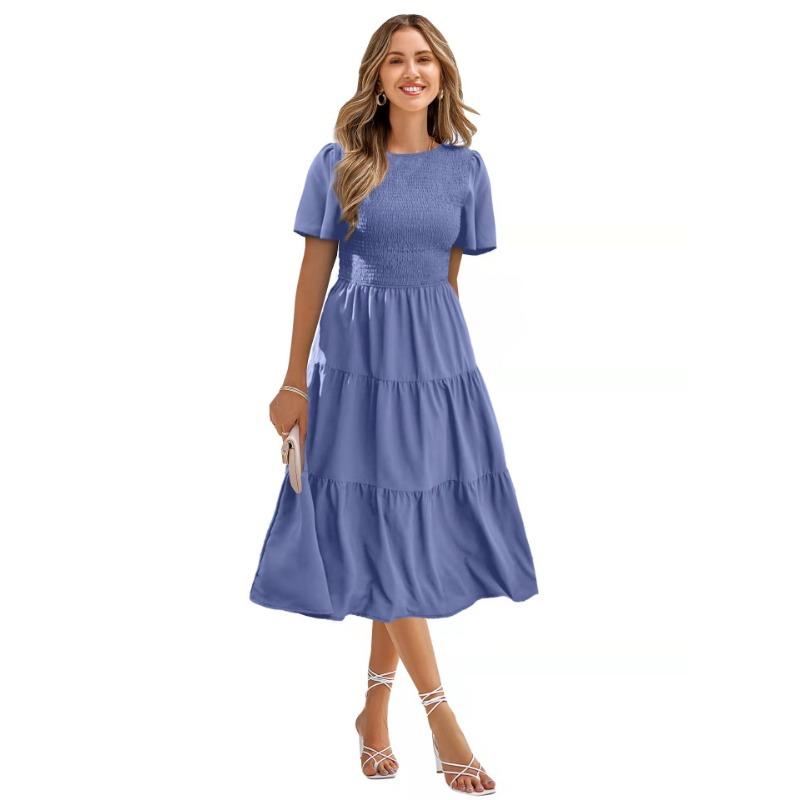 Summer Women's Dress Waist Slim Large Swing Dress Round Neck Range Holiday Dress