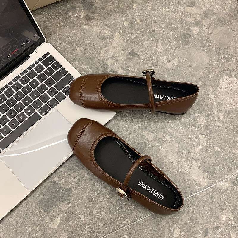 French with skirt silver round head Mary Jane shoes women's spring 2025 new evening flat one-word strap single shoes