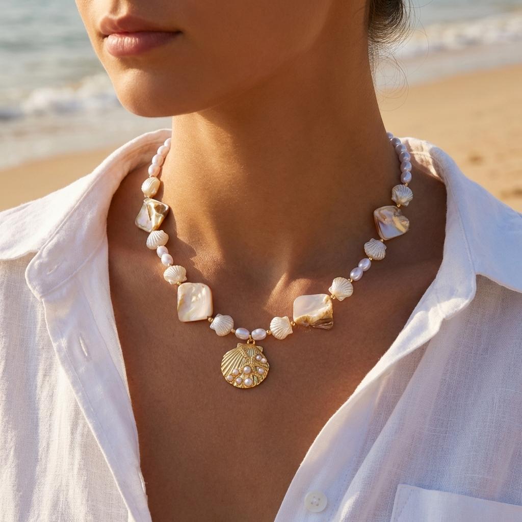 Bohemian Ocean Shell Faux Pearl Pendant Necklace Summer Beach Vacation Choker Fashion Jewelry