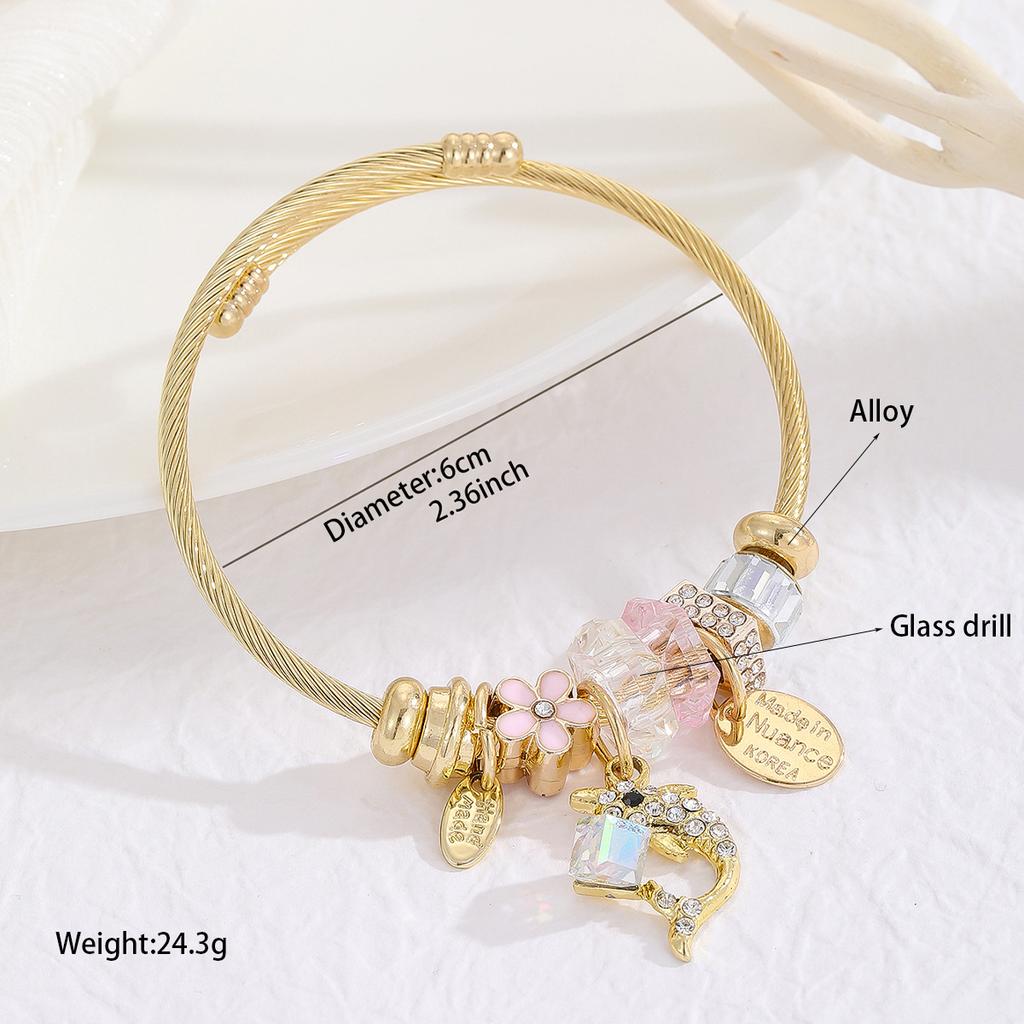 Gold Plated Bracelet for Women with Diamond Inlay, Fish Tail Dolphin Alloy Pendant, Adjustable Wristband