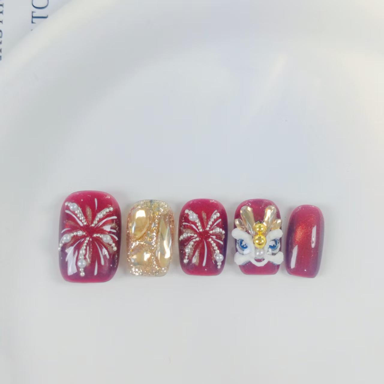 Red Waking Lion Fireworks Handmade Rhinestone Cat Eye Nail Art for 2026 New Year Extra Small