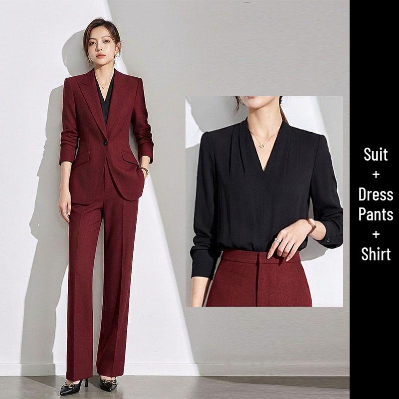 Burgundy Women's Long-Sleeved Suit Set: Elegant One-Button Formal Wear for Office, Luxury Style for Spring and Autumn