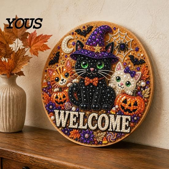 Handmade Welcome Sign Crafts Halloween Faux Pearl Door Kit, Ghost Skull Skeleton Cat Kit Painting Arts for Wall Decoration