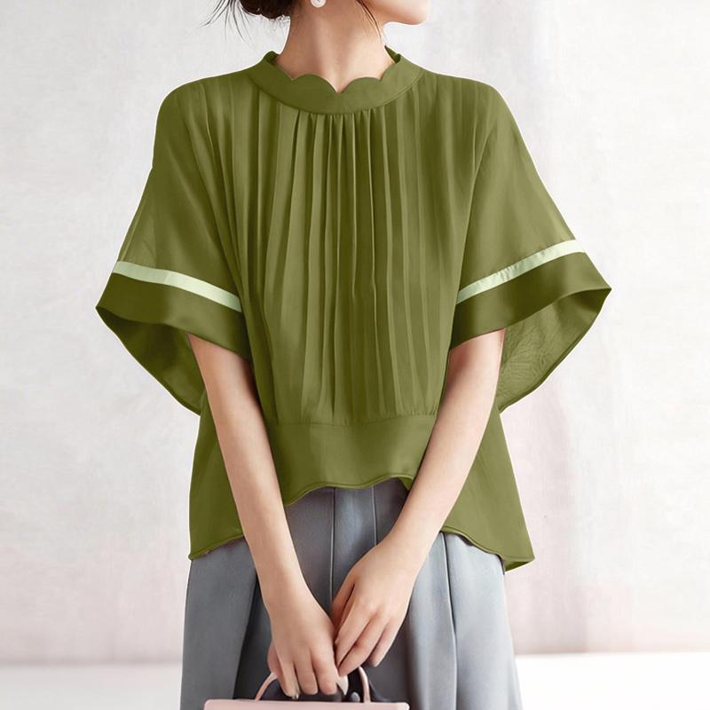 ZANZEA Women Casual Stand Collar Loose Short Sleeve Blouse