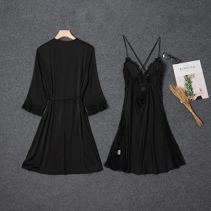 Conjunto Sexy de Camisola de Cetim e Robe de Renda para Mulher