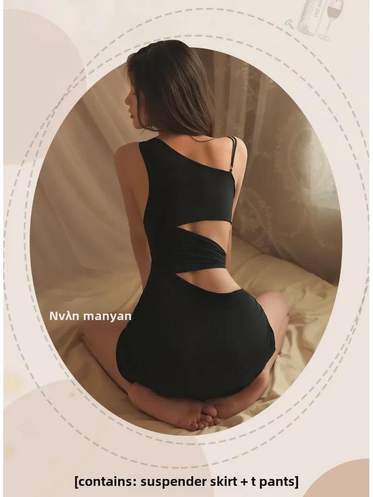 Manyan Sexy Lingerie: Oblique Shoulder Suspender Dress with Slit - Nightclub Secretary Style