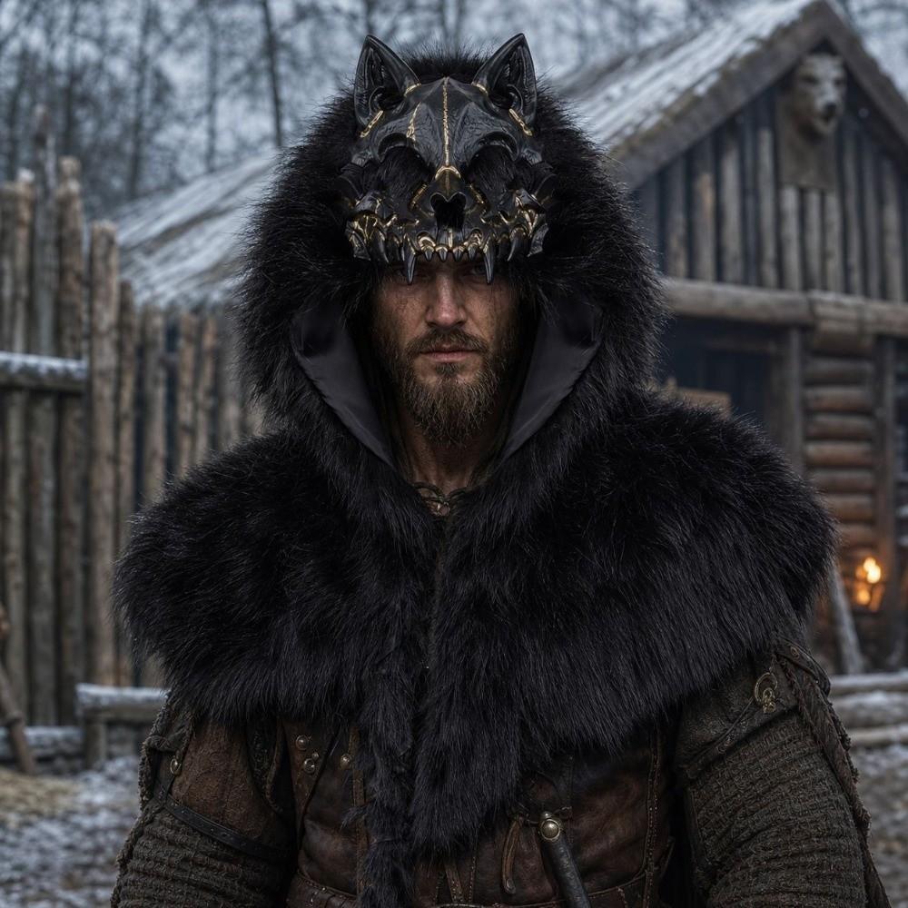 Středověký styl Vlčí lebka Kapuce Viking Kostým Halloweenská pokrývka hlavy Scénické vystoupení