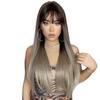 European and American Style Women Long Straight Wig with Blunt Bangs Front Lace Heat Resistant Synthetic Fiber Ombre Gray Wigs