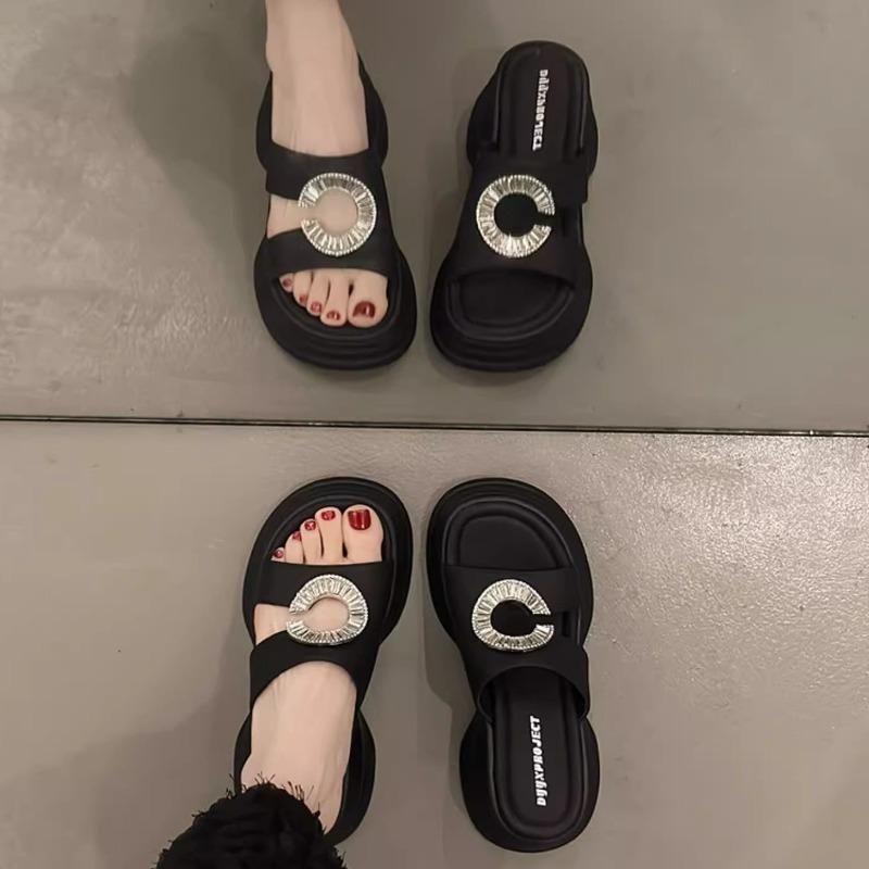 Premium niche thick-bottomed wedge slippers women's summer wear new versatile high-heeled rhinestone casual one-word sandals