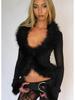 Spicy Girl Sexy Fur Collar Mesh See-Through Long Sleeve Cropped Cardigan