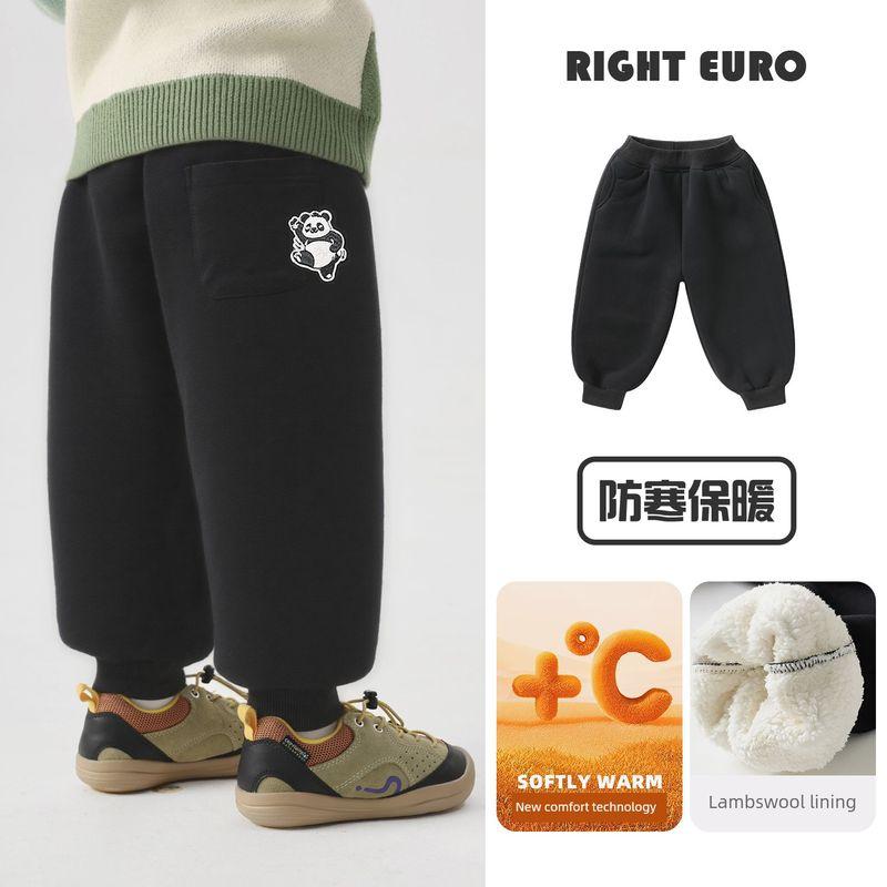 Right European Style Boys' Mountain-Themed Cartoon Fleece-Lined Sports Pants, Casual Thickened Knitted Sweatpants, Children's Winter Clothing Trendy