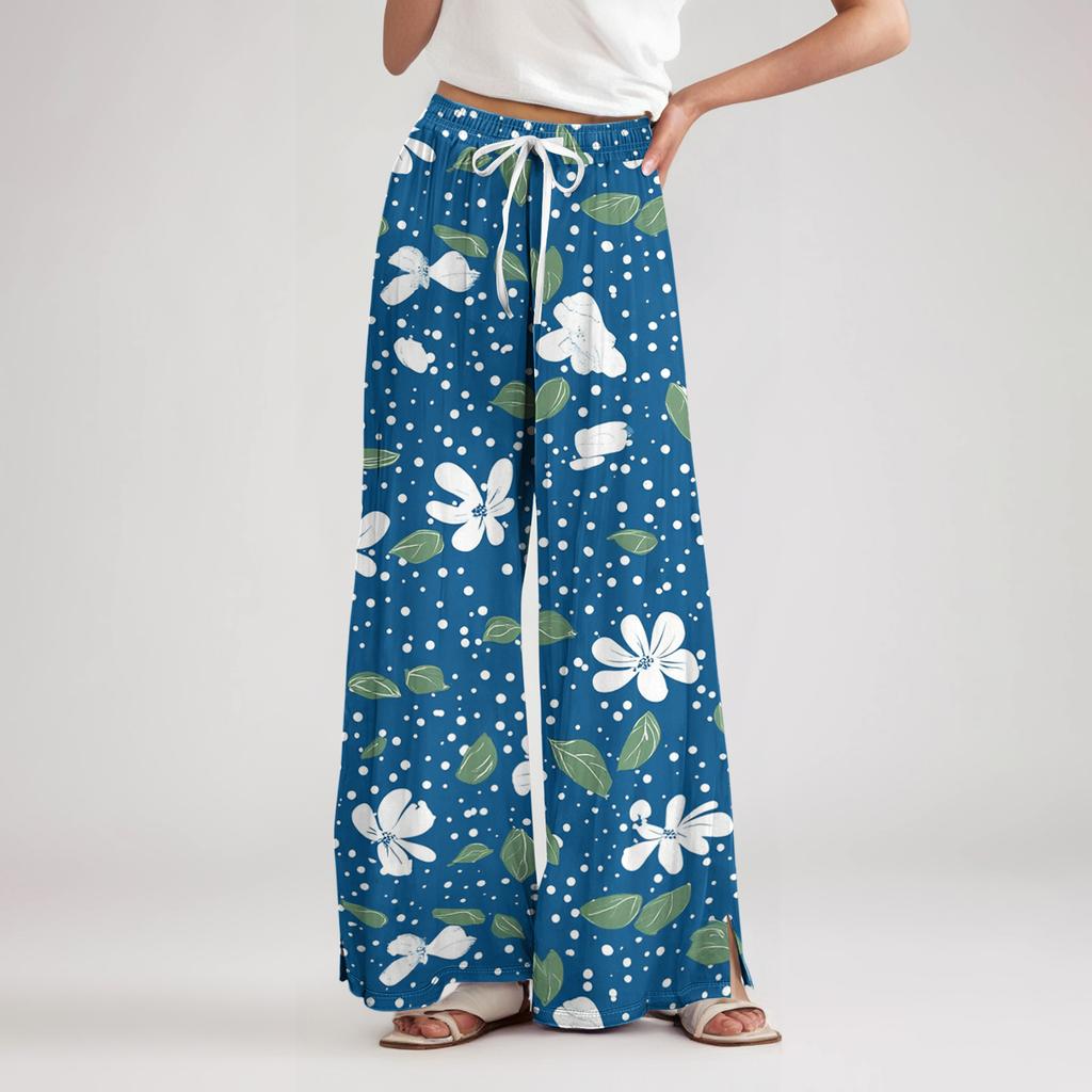 Wide Leg High Waist Floral Print Pants for Women with Drawstring Waistband and Relaxed Fit Lightweight Material for Casual Wear