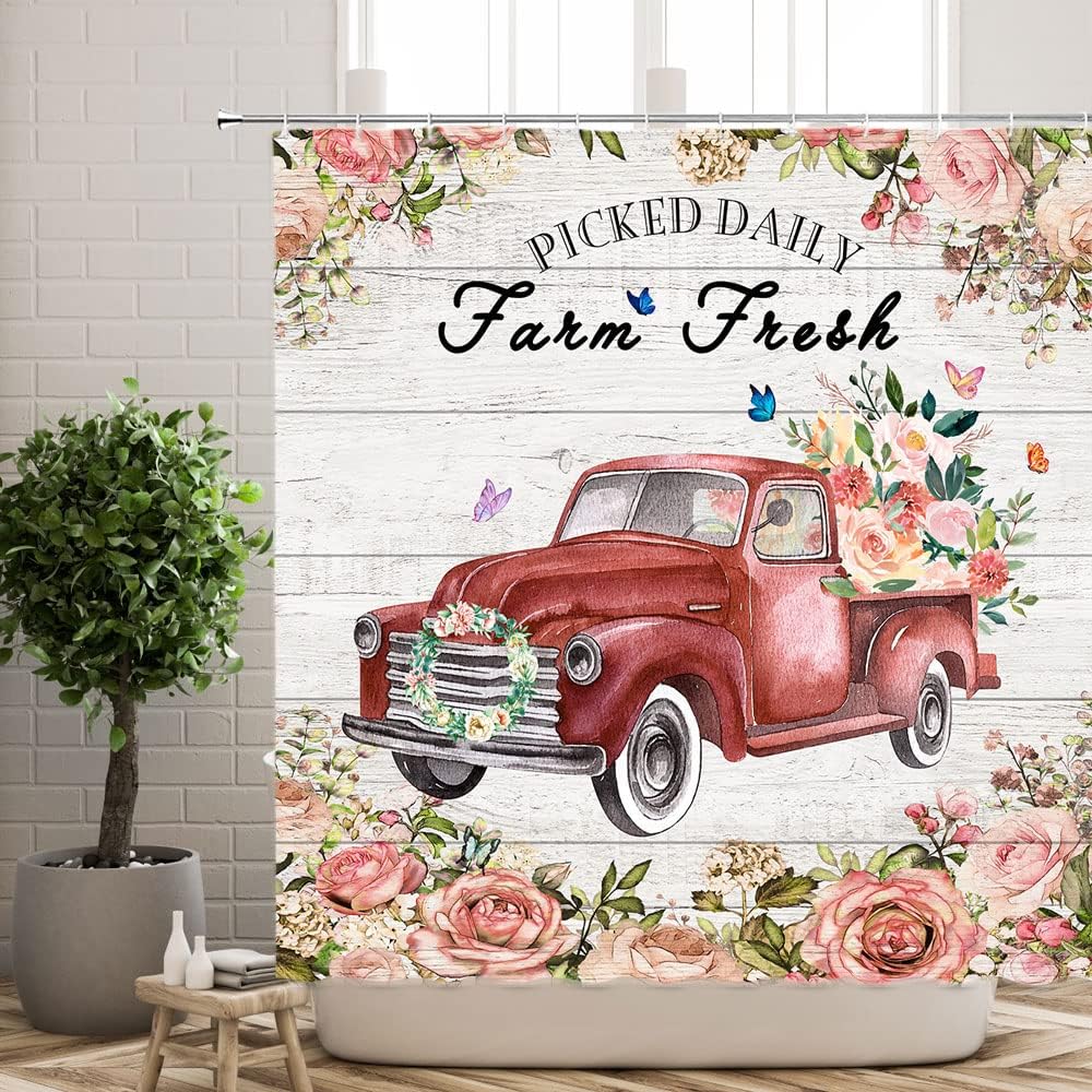 Rustic Framhouse Truck Flower Shower Curtain Farm Fresh Flower Blue Teal Truck on Rustic Vintage Wooden Retro Country Style