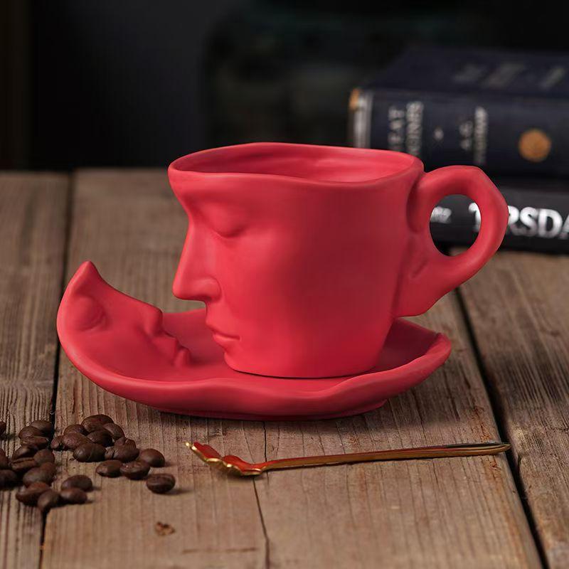European Style Bar Creative Gift Sculpture Couple Mug Exquisite Matte Ceramic Coffee Cup and Saucer Set