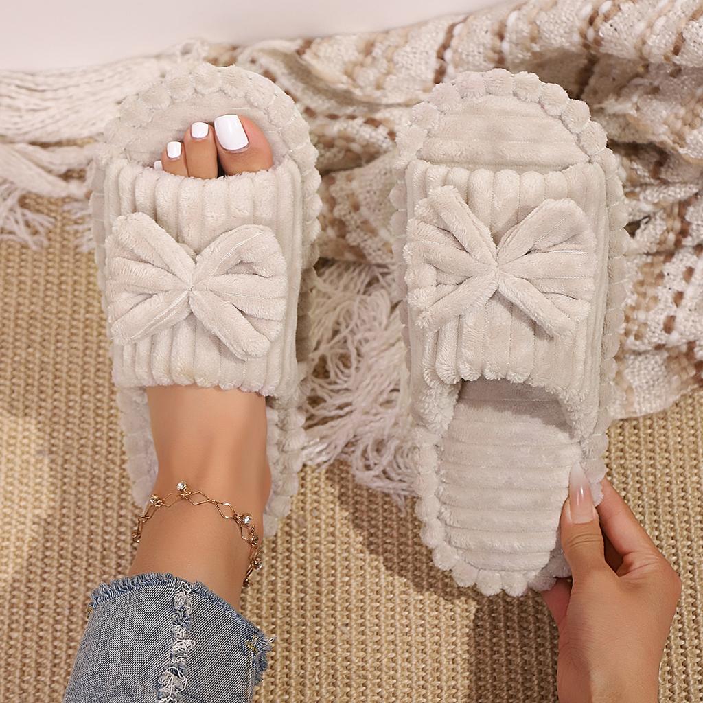 Warme Hausschuhe mit Schleifendekor, lässige Plüschschuhe mit offener Spitze, bequeme Hausschuhe