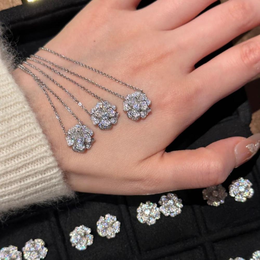 Elegant Camellia Flower Necklace with Diamond Rose Ring and Open Bracelet Women Jewelry Set