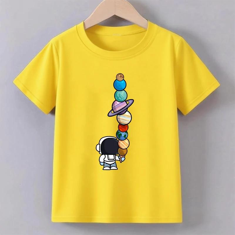 Teenage astronaut Planeet printed T-shirt summer boy fashionable casual fun round neck short sleeved children's color top T-shirt
