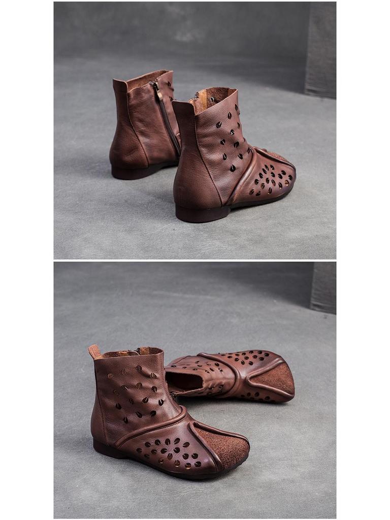 Shanghai Jiezhou 2024 Sandales Bottes Hautes Découpes Rétro en Cuir de Vachette - Chaussures Décontractées Confortables Polyvalentes pour Femmes