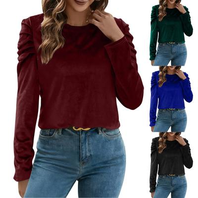Women's Velvet Puff Long Sleeve Round Neck Pullover Solid Color Casual Top