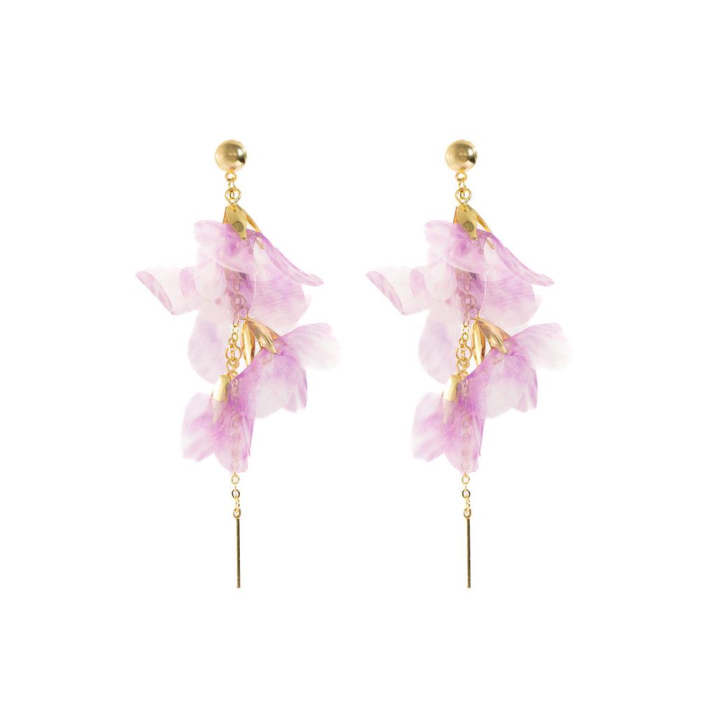 Mori Purple Flower Stud Earrings Are Super Fairy And Beautiful, Smudged Petal Earrings, Long Seaside Vacation Earrings.