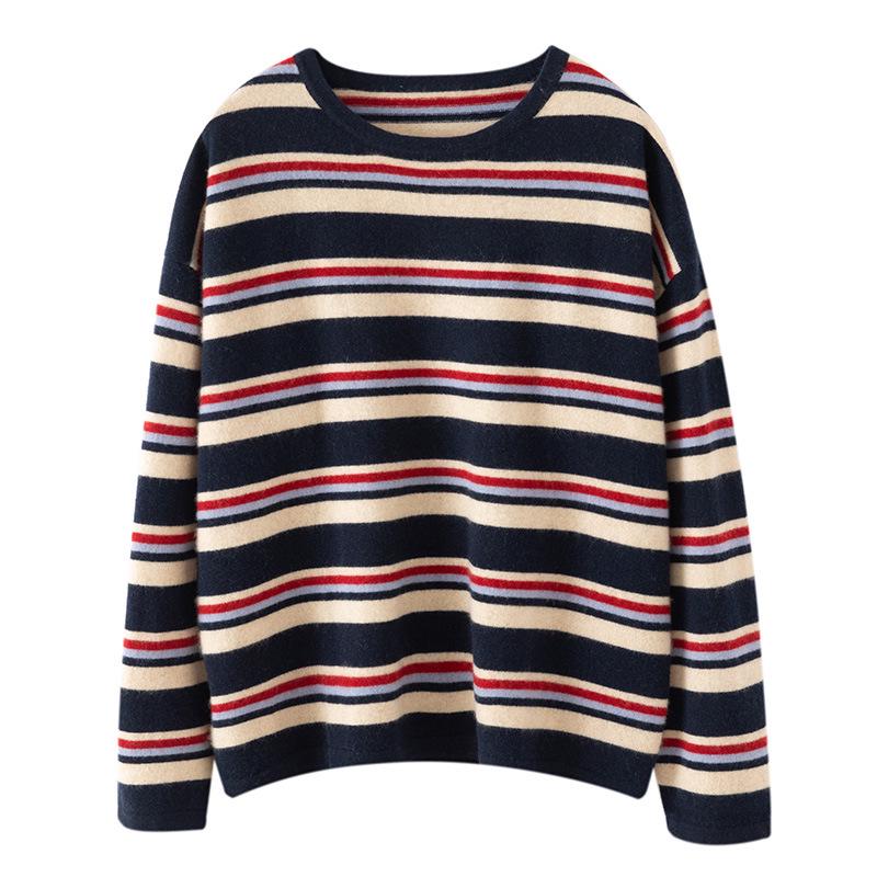 Women's Colorful Striped Cashmere Sweater – Round Neck, Loose Fit, Long Sleeve Knit Base Layer for Autumn/Winter
