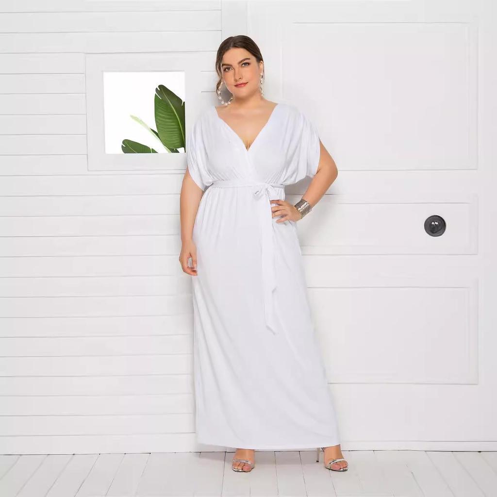 Plus Size Women’s Solid V-Neck Evening Dress, Sexy Loose Fit with Large Hem