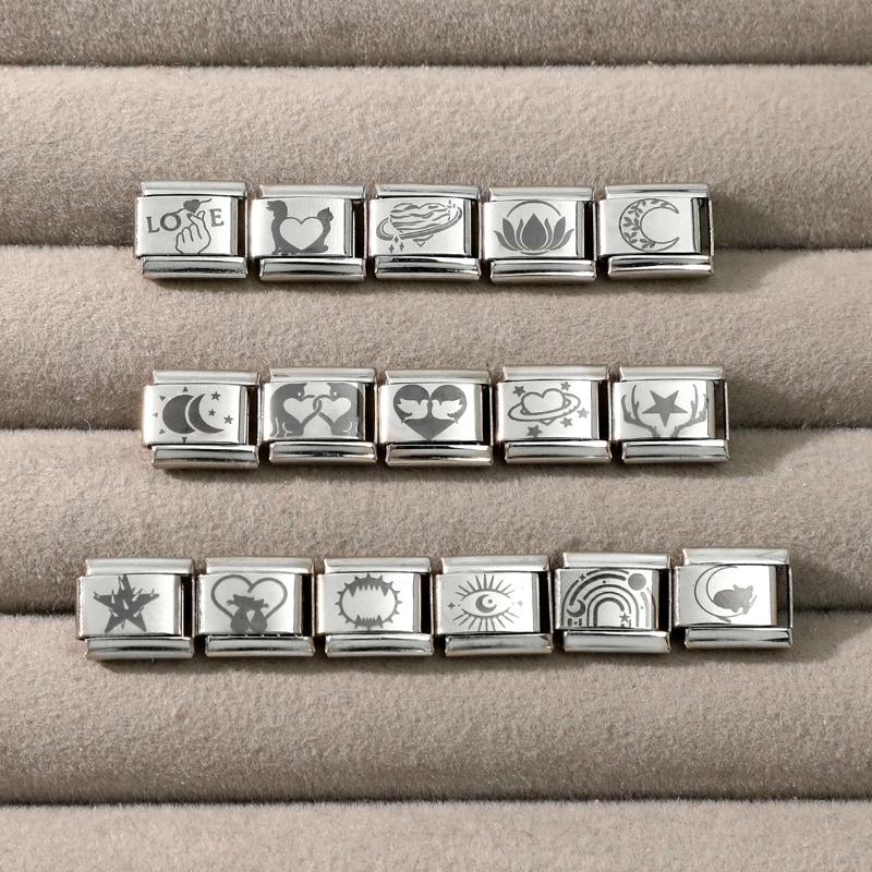 Fashion Laser Engraving Love Series Eye Sun Moon Cat Star Italian Charm Links Fit 9mm Stainless Steel Bracelet DIY Making Gift