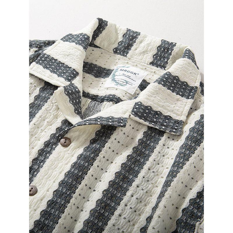 Stripe Short Sleeve Shirts Men's Loose Casual Half Sleeve Shirt Summer Relaxed Feeling Cuban Collar Retro Trendy Top