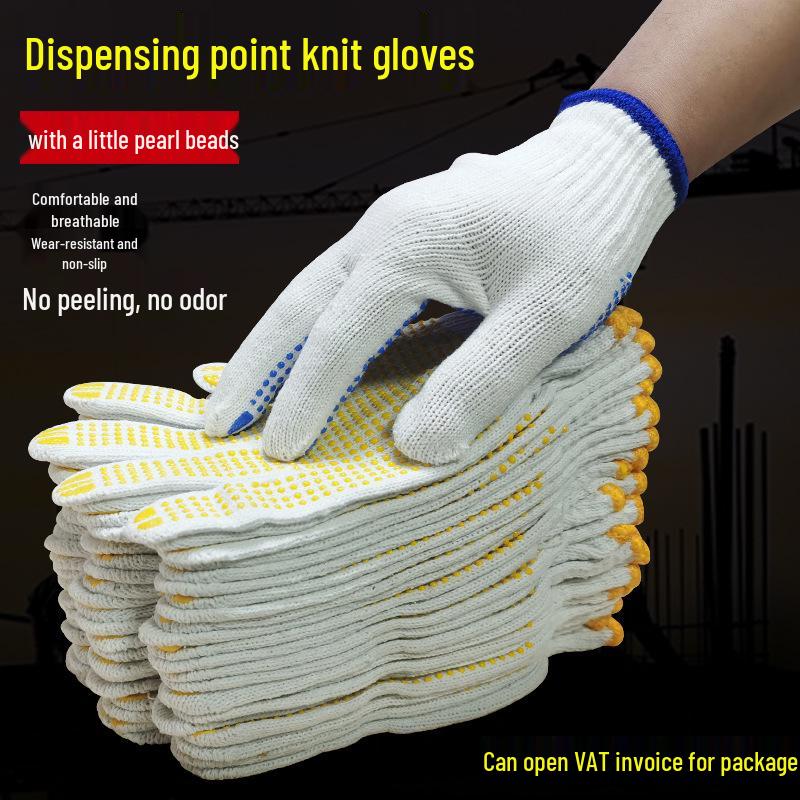 Durable Cotton Thread Work Gloves with Non-Slip Dotted Grip - Wear-Resistant Nylon for Construction 600g Grade A Blue Dotted Glue - 12 Pairs